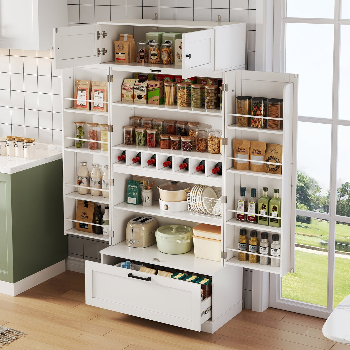 Kitchen Storage Cabinet 80x40x180cm Freestanding with Wine Rack & Adjustable Shelves, Industrial Style