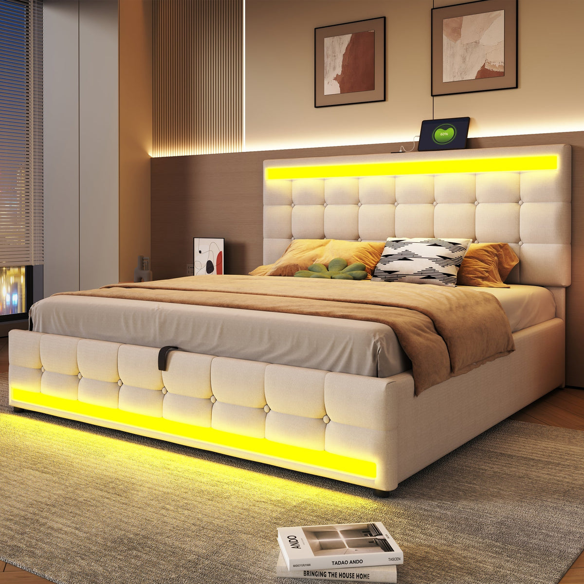 Upholstered Bed, Hydraulic Storage with USB & LED Light Strip, Beige Linen