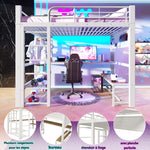 Loft Bed 140x200cm with LED, Storage Stairs & Grid, White Metal