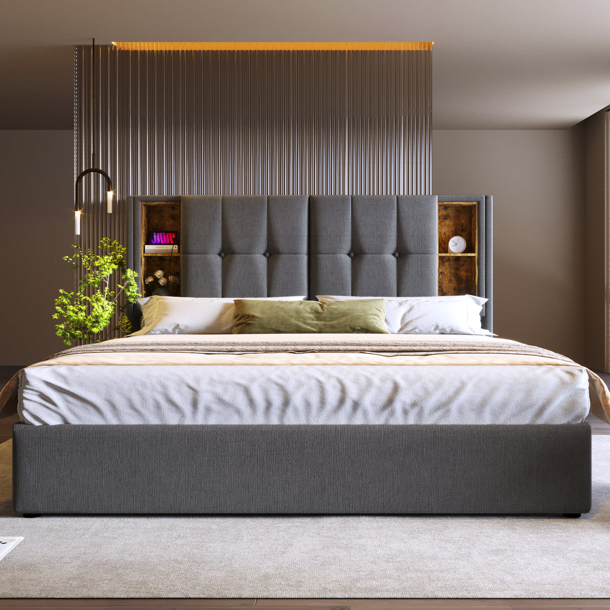 Upholstered Double Bed 180x200cm with Storage & USB-C, Grey Cotton