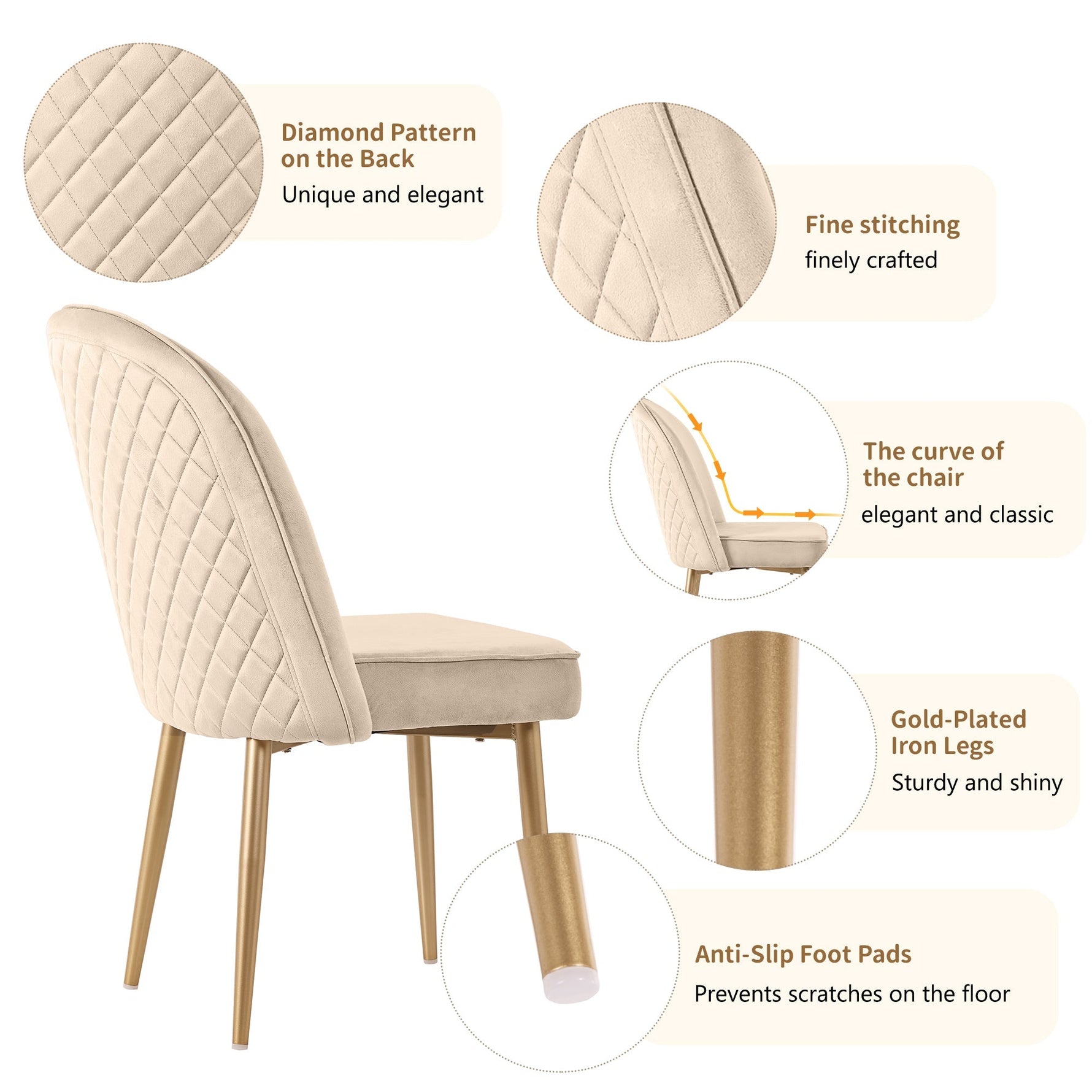2 Dining Chairs Modern Comfortable Gold Metal Legs Beige Velvet