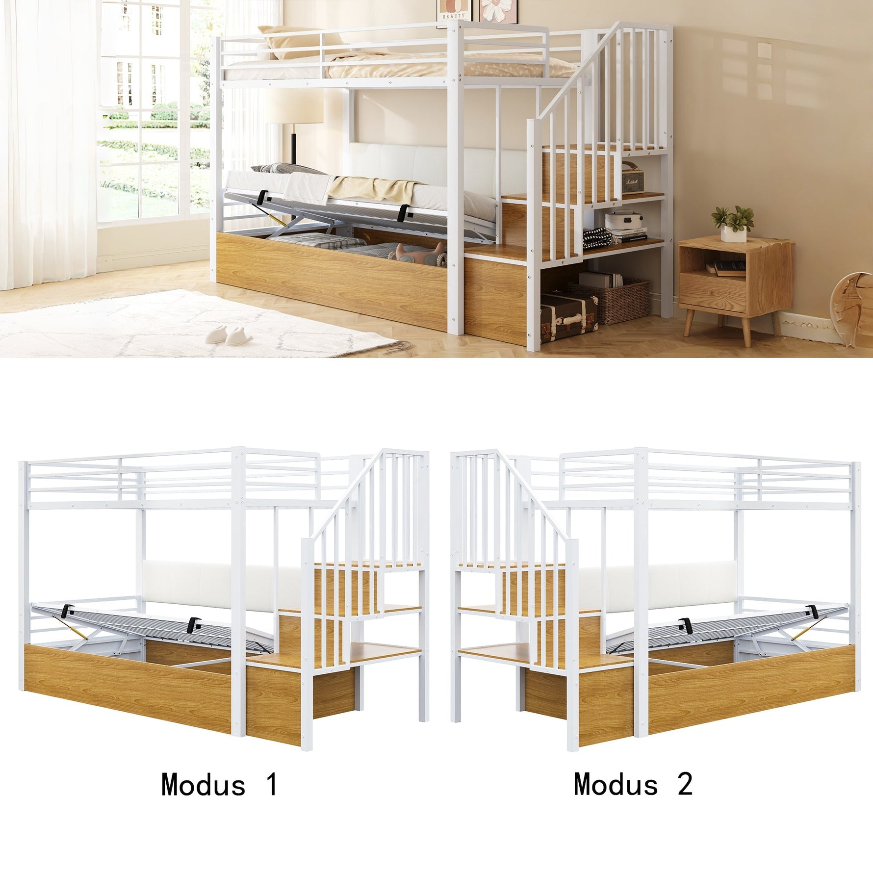 Iron Loft Bed with Padded PU Backrest and Hydraulic Function, 90x200cm, White