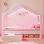 Wooden Bed with Drawers, Shoe Cabinet and LED Lighting, 90x190cm, White Wood