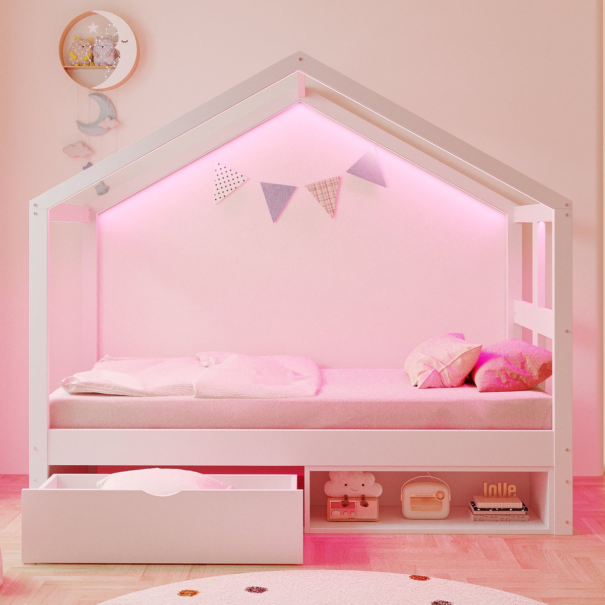 Wooden Bed with Drawers, Shoe Cabinet and LED Lighting, 90x190cm, White Wood