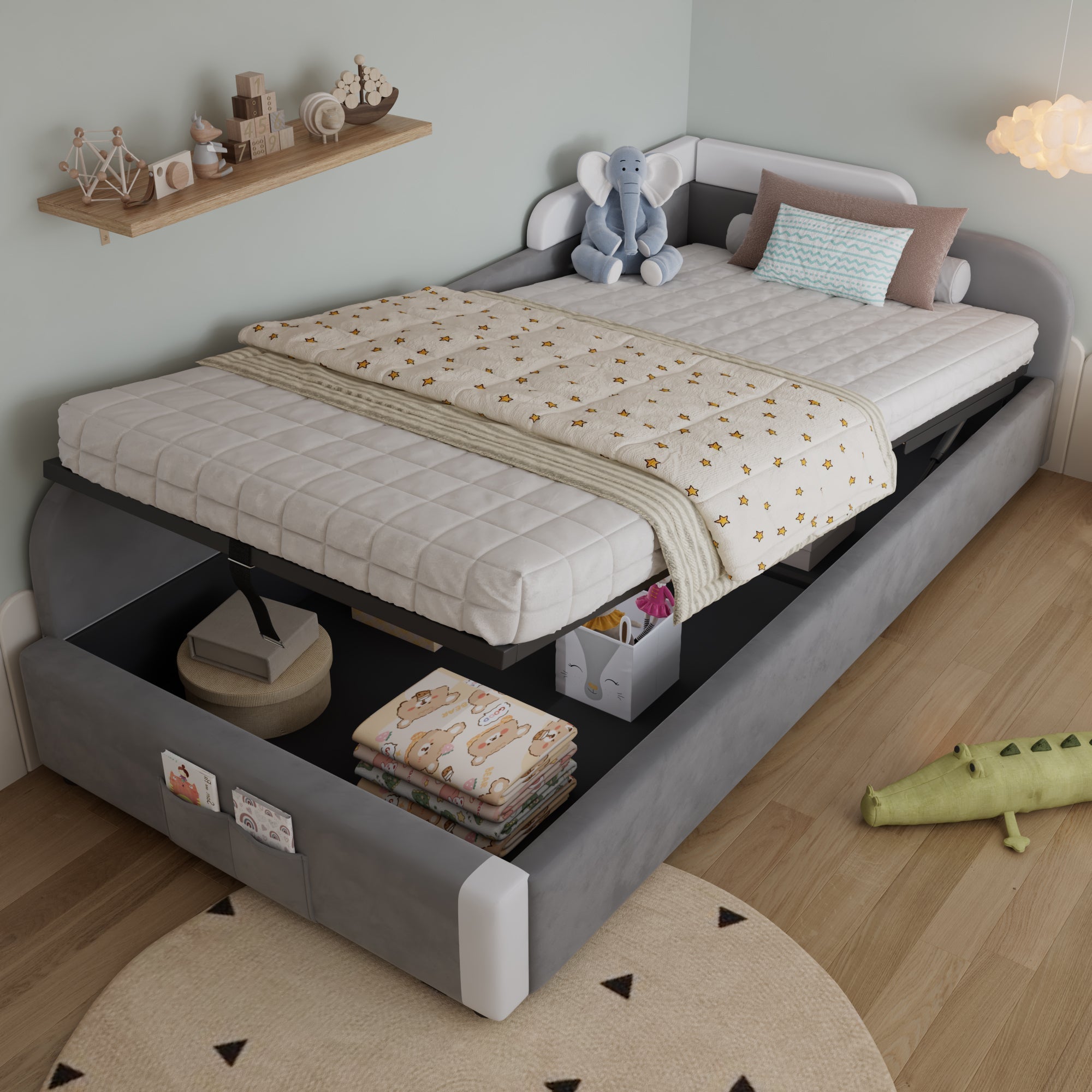 Upholstered Bed, Hydraulic with Storage, Velvet+Plywood Grey 90x200cm