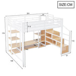 Loft Bed with TV Stand, Power Outlet and Safety Ladder, 140x200cm, White Metal and Wood