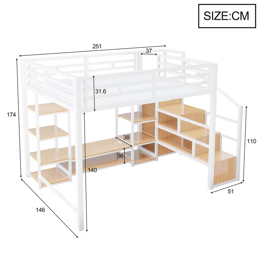Loft Bed with TV Stand, Power Outlet and Safety Ladder, 140x200cm, White Metal and Wood