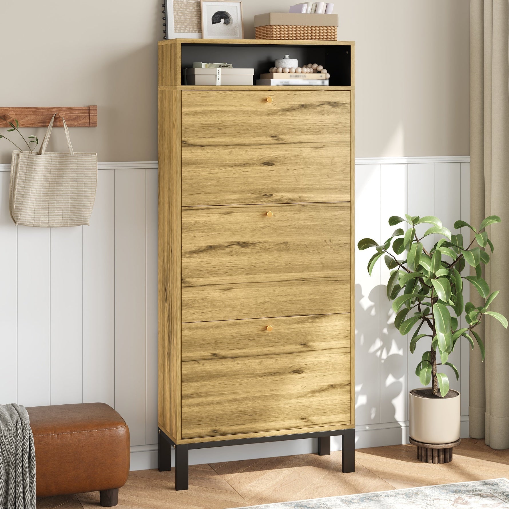 Shoe Cabinet with 3 Drawers and Additional Compartments, Tall and Narrow, Natural Wood Look