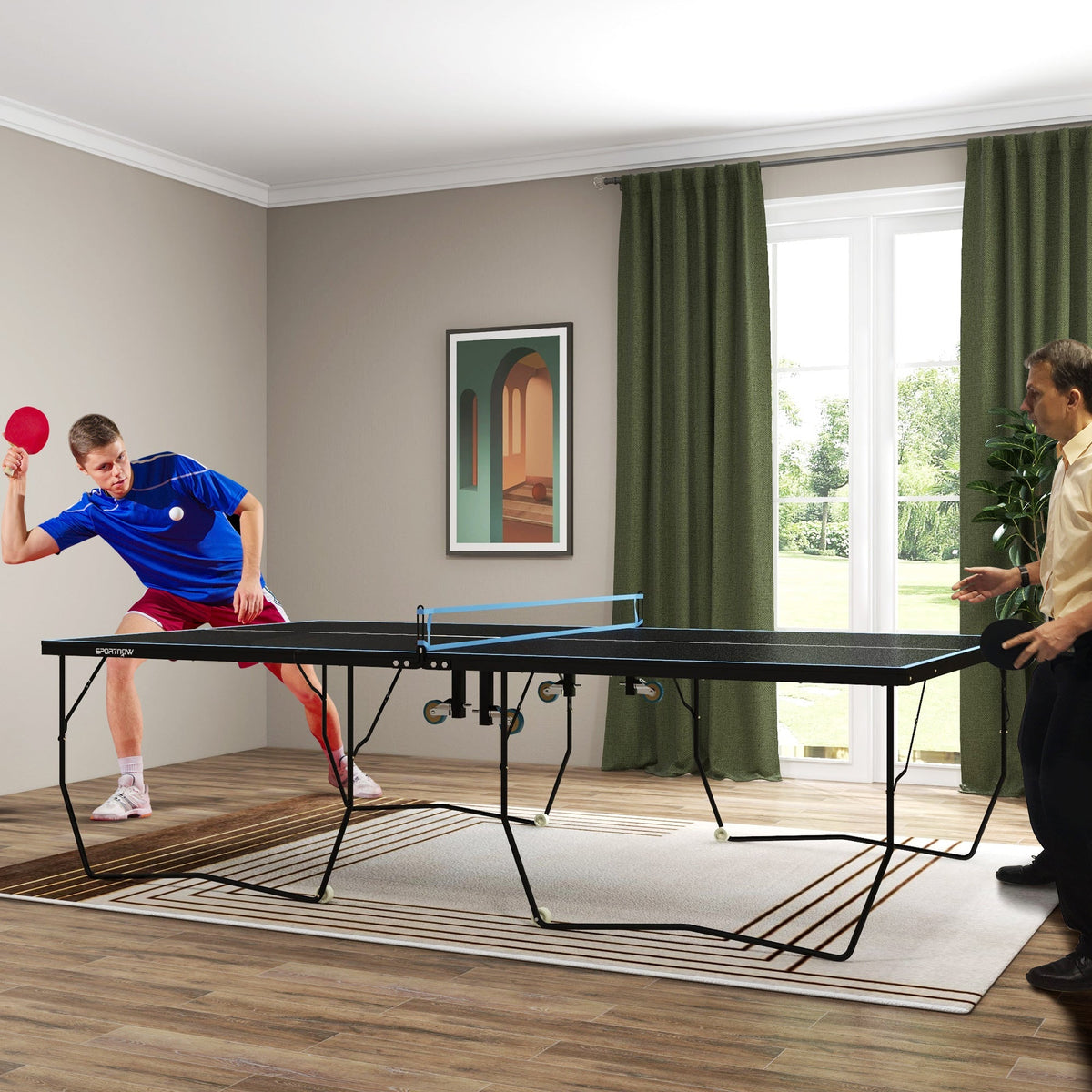 Outdoor Table Tennis Table, Foldable, with Net & Wheels, Steel Black