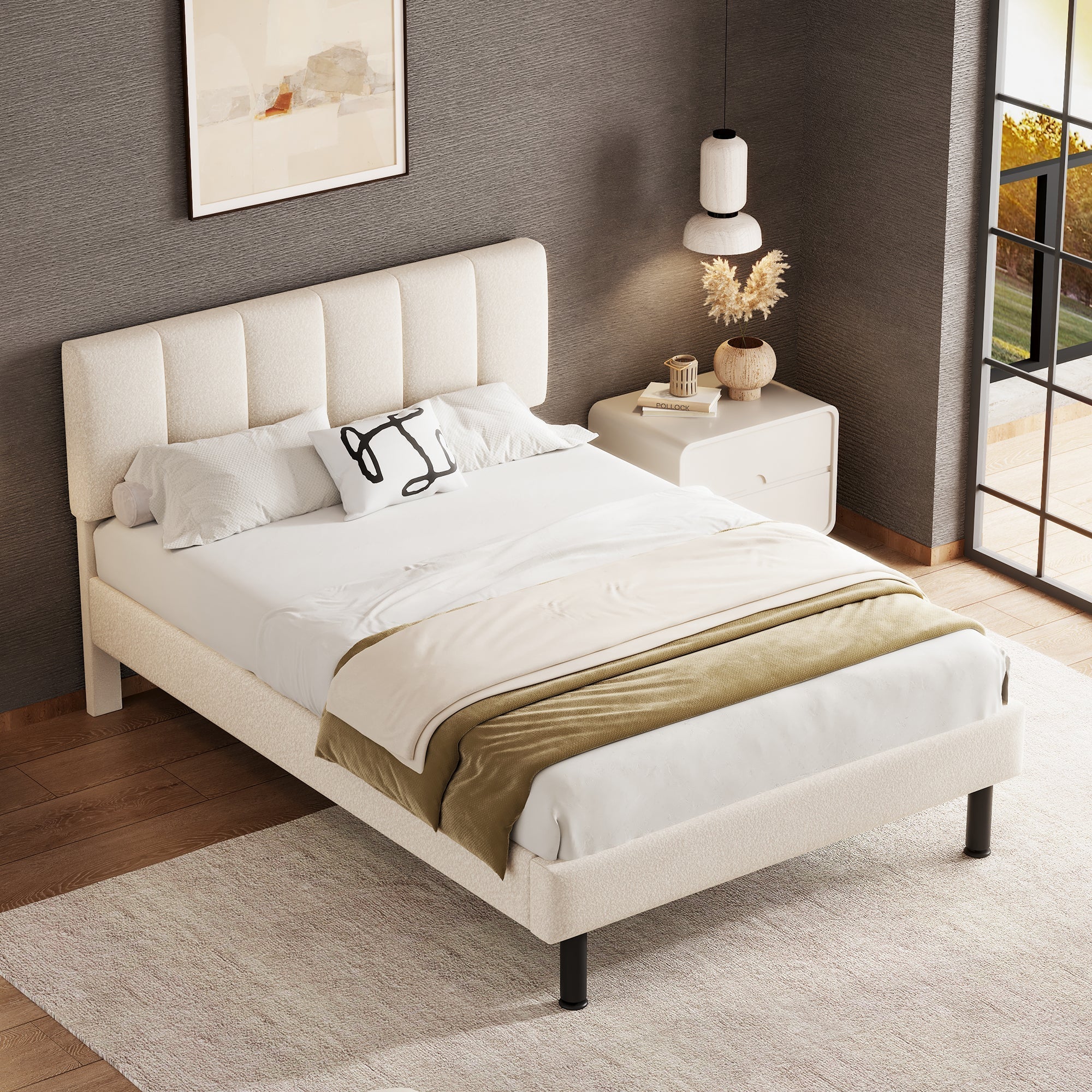 Upholstered Bed 140x190 Slatted Base Iron Legs Sherpa Fabric Beige