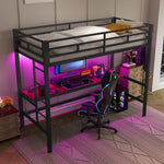 Loft Bed with Desk, USB, Power Outlets and App-Controlled LED Lights, 90x200cm, Black Metal