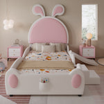 Upholstered Single Bed with Slide, Bunny Ears Headboard, 90x200cm, PU White/Pink