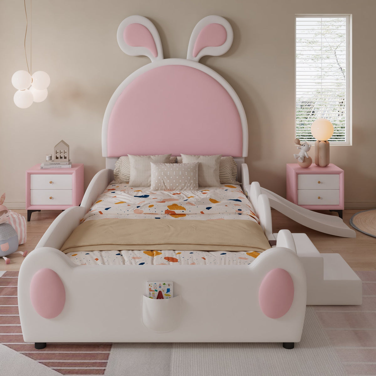 Upholstered Single Bed with Slide, Bunny Ears Headboard, 90x200cm, PU White/Pink