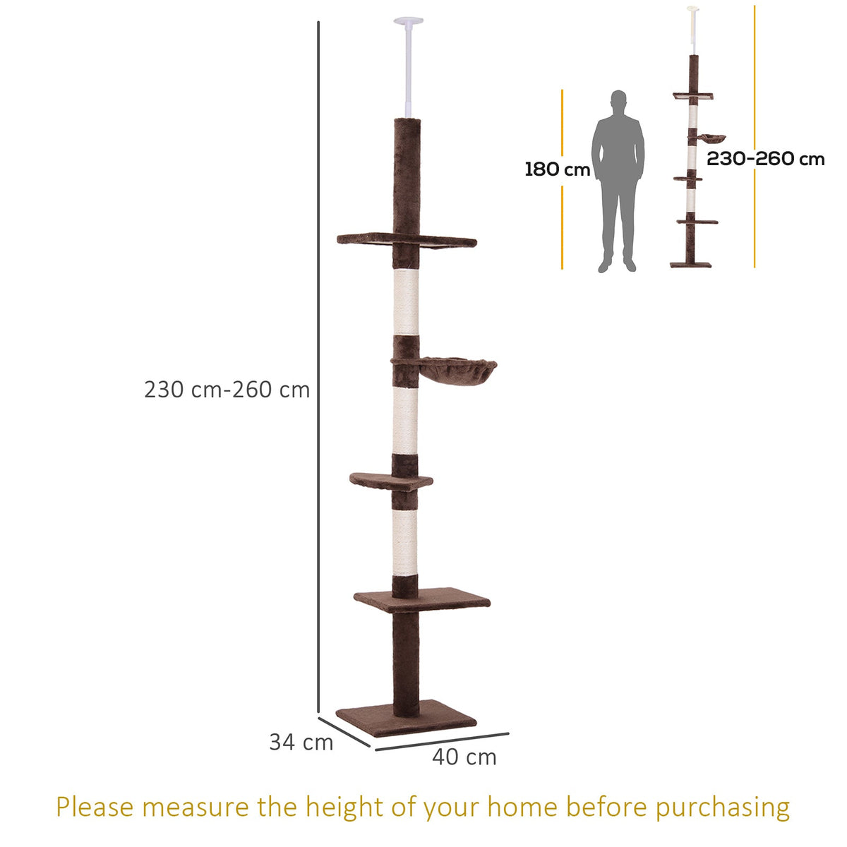 PawHut Cat Tree, Ceiling Height Adjustable, Sturdy with Sisal Posts, Brown