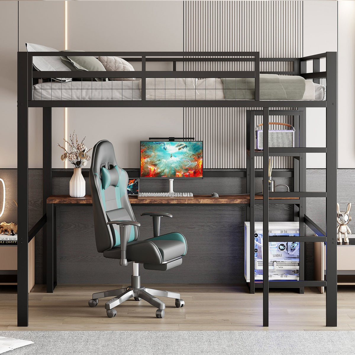 Loft Bed 140x200cm Iron Frame Desk Shelves Power USB/Type-C - Black