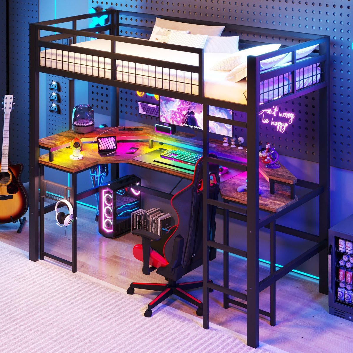 Loft Bed with Desk, LED Lights and Charging Ports, 90x200 cm, Black Iron