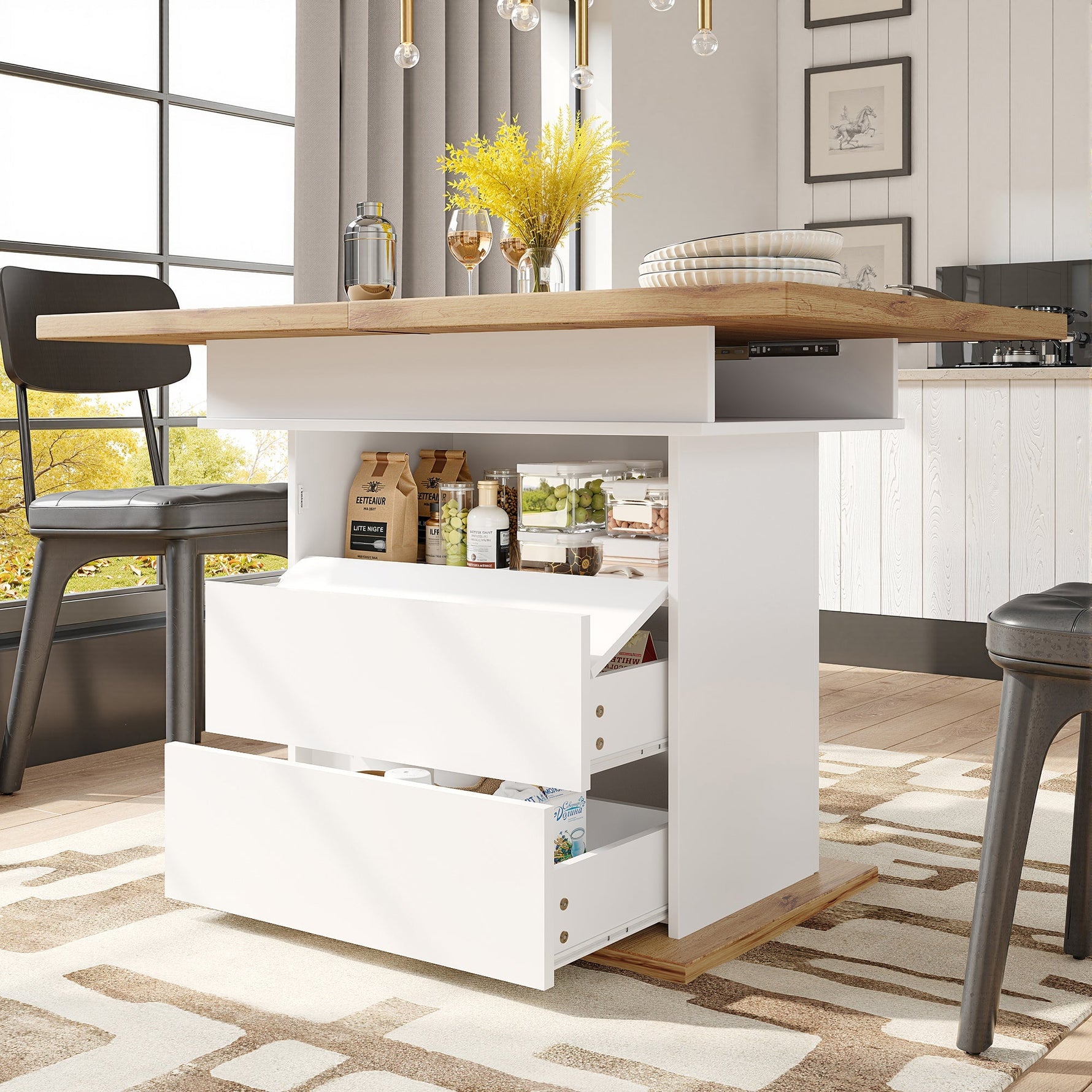 Extendable Telescopic Dining Table with Three Shelves for 4-6 People, White