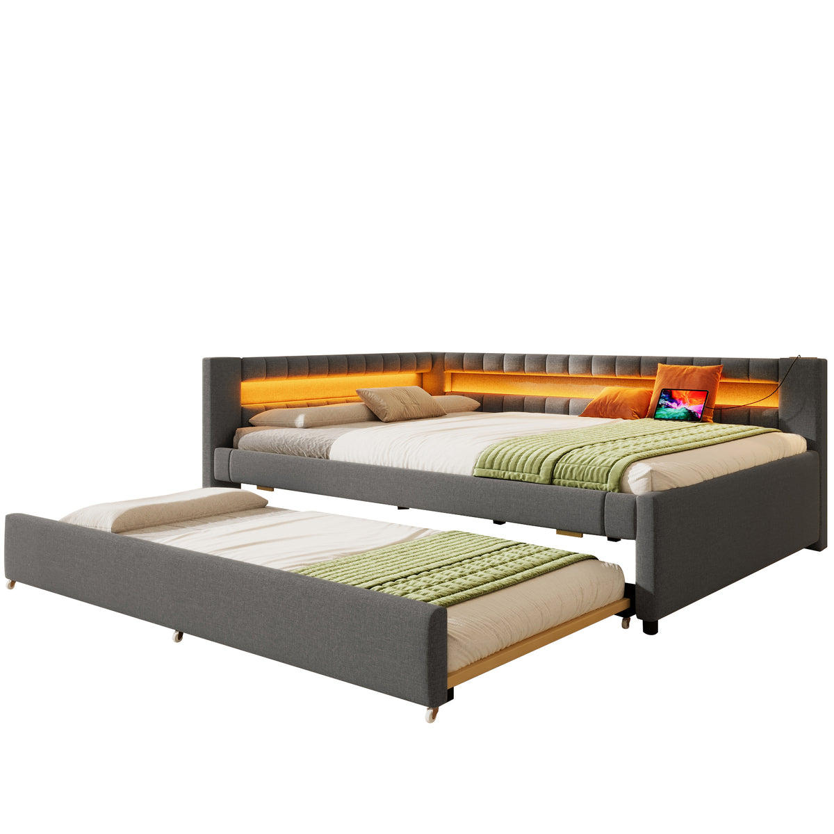Daybed Sofa Bed 140x200cm with LED Light & Trundle, Grey Linen