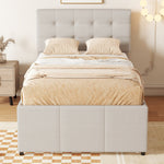 Upholstered Bed 90x200cm with 3 Drawers, Pull-out Trundle Bed, Adjustable Headboard, Beige