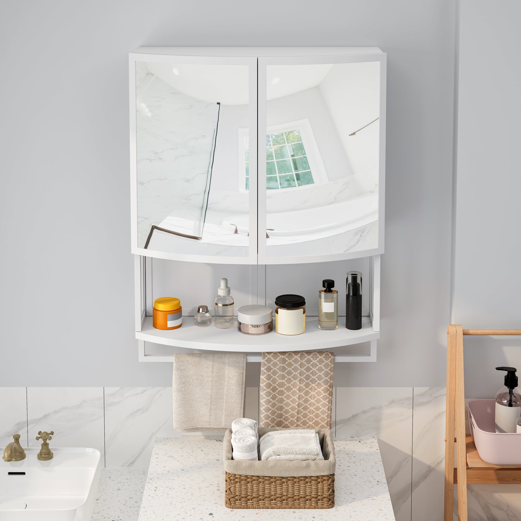 Wardrobe 60CM Modern Arched Double-Door Mirror Storage, White