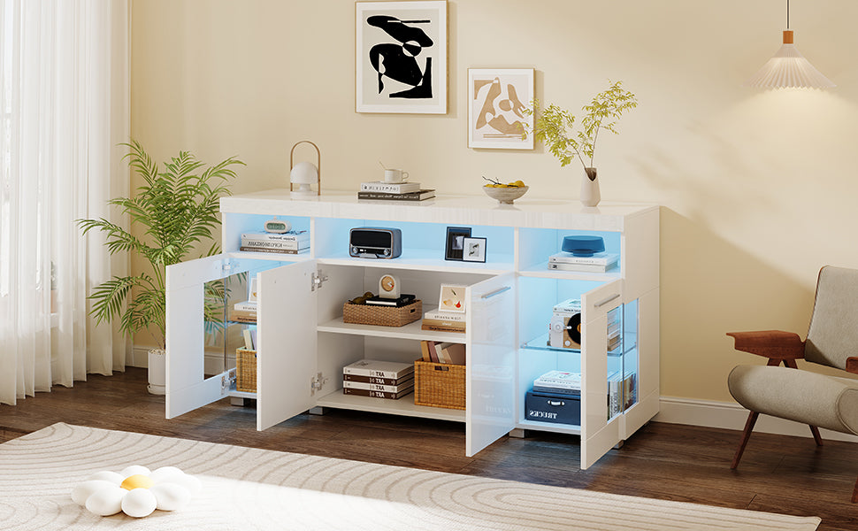 Side Table High-Gloss Sideboard 140x40x70cm LED Light 3 Compartments, White
