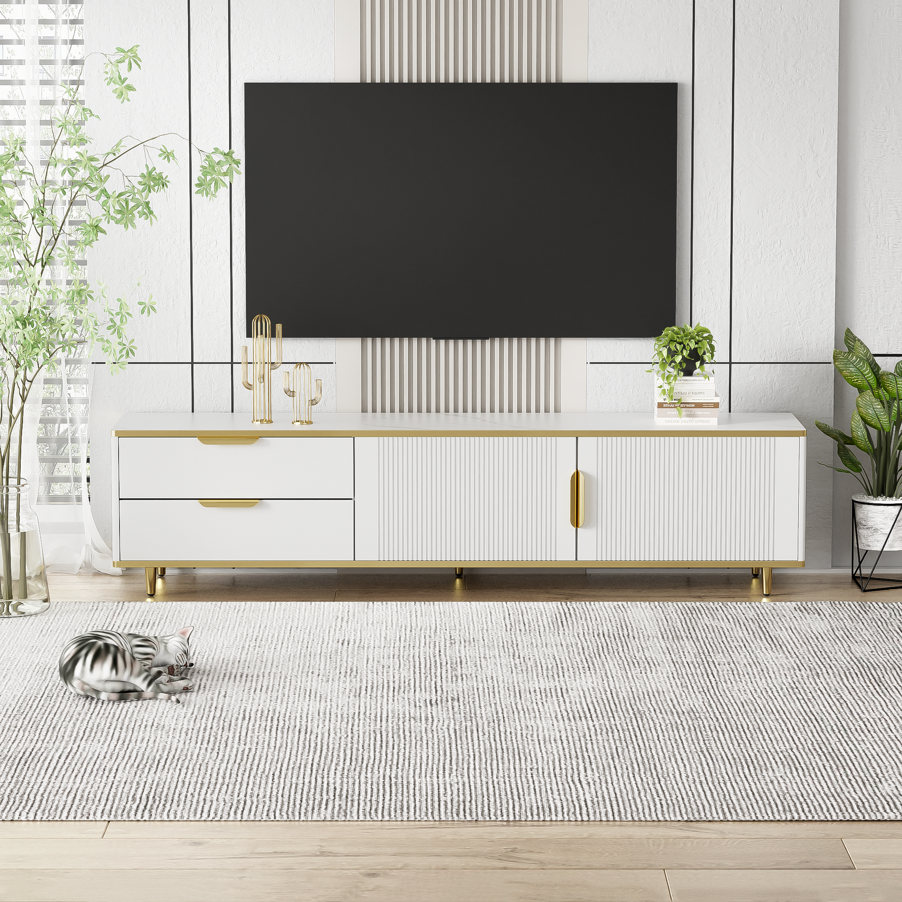 TV Cabinet, Carved Texture with Golden Handles & Feet, Marble