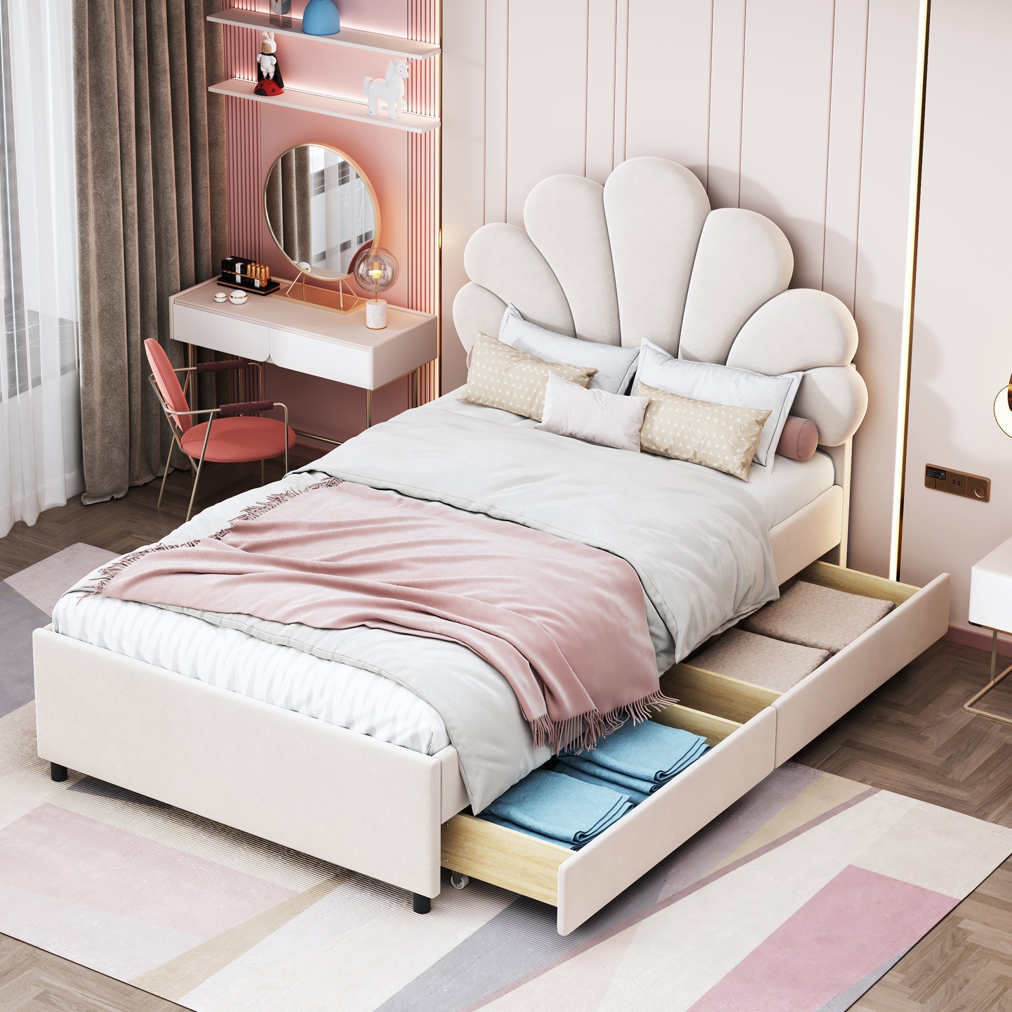 Upholstered Children's Bed 90x200cm Floral Headboard Storage Velvet Beige