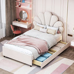Upholstered Children's Bed 90x200cm Floral Headboard Storage Velvet Beige