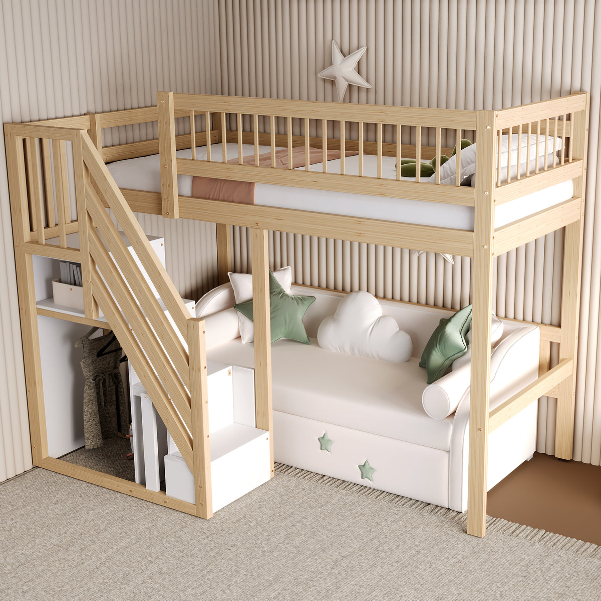 Solid Wood Bed 90x200 with Storage Stairs - Wood Color