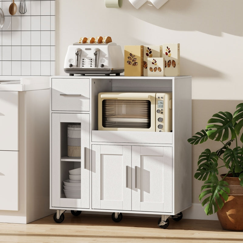 Mobile Kitchen Cabinet with Drawers, Shelves & Cable Hole - White