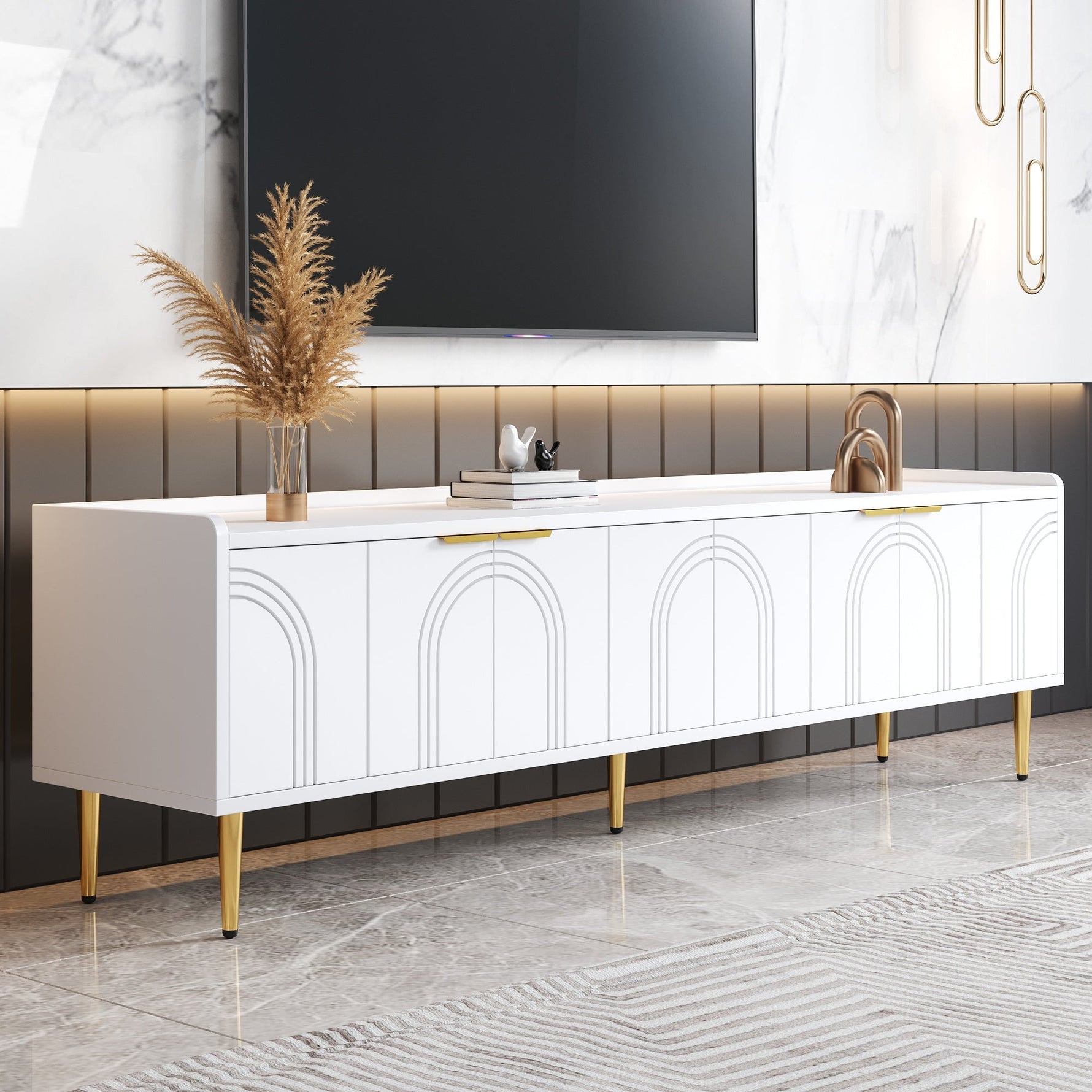 TV Cabinet Lowboard 170cm Textured Door Gold Handles/Feet