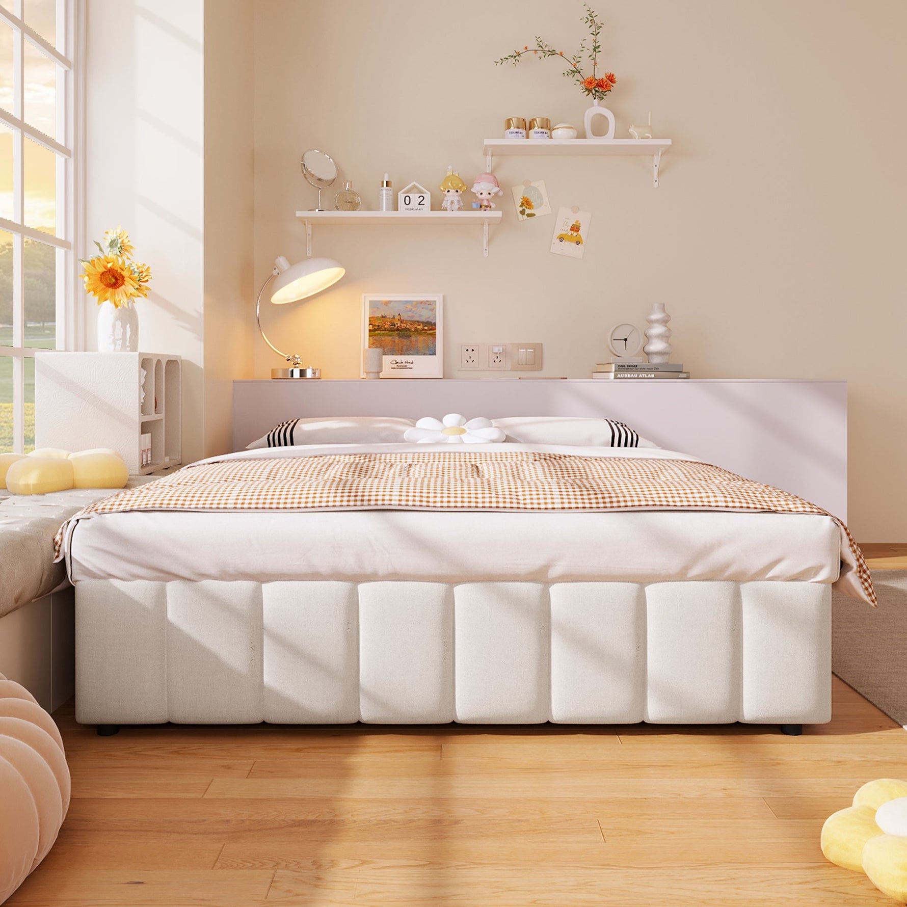 Upholstered Bed with Hydraulic Storage and No Headboard, 140x200cm, Beige