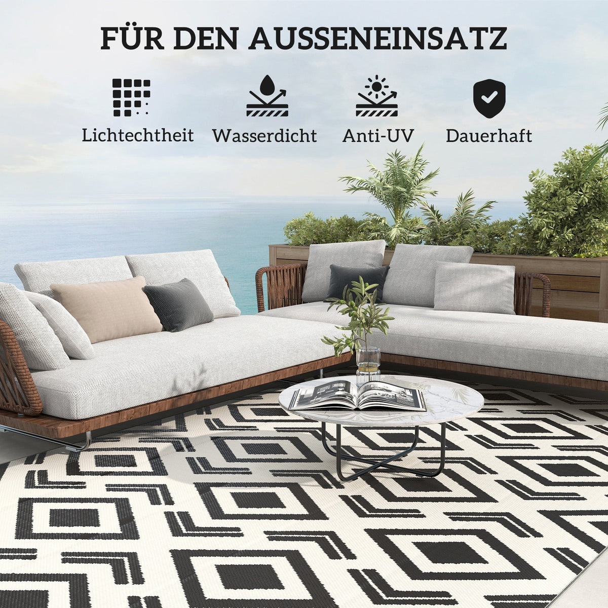 Outdoor Rug, Robust Weatherproof Foldable, Black and White