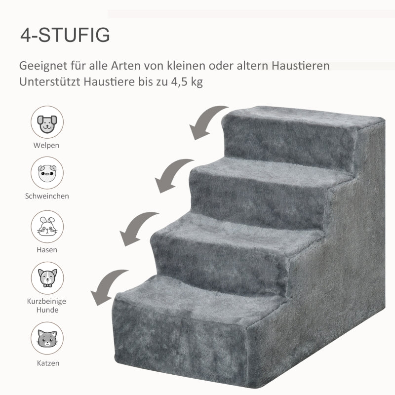 Dog Stairs 4-Step, Pet Stairs 35cm, Plush Look, Light Grey