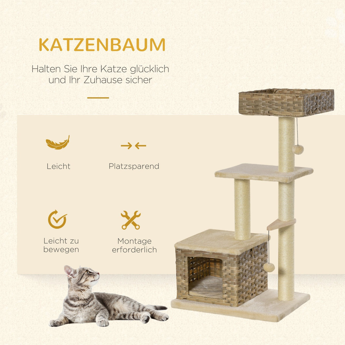 Rattan Cat Tree, 3 Levels, Cat Cave, Sisal & Plush, Brown and Beige