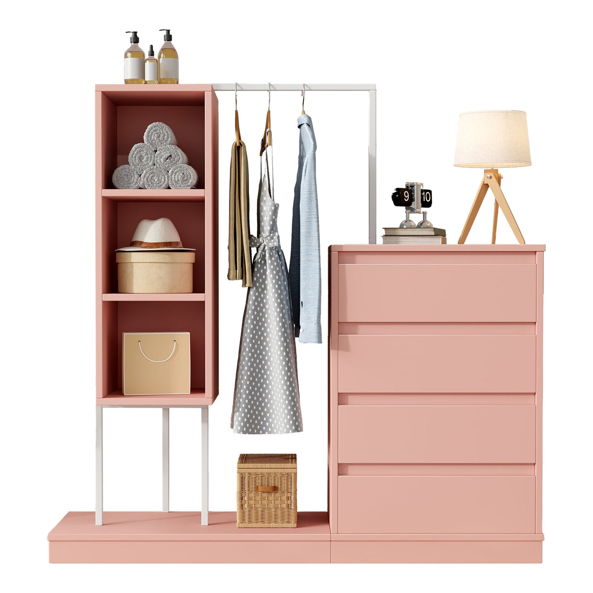 Drawer Cabinet Wardrobe Set, Sideboard Clothes Rail W140/W40/H135, Pink