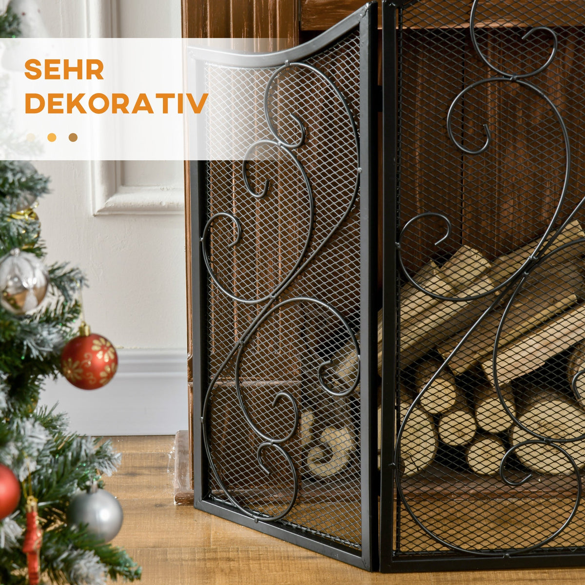 Fireplace Screen Folding 3 Panels Spark Guard Metal Black