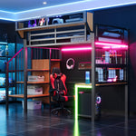 Metal Loft Bed with Desk, Shelf, LED Lighting and Socket, 90x200cm, Black Metal