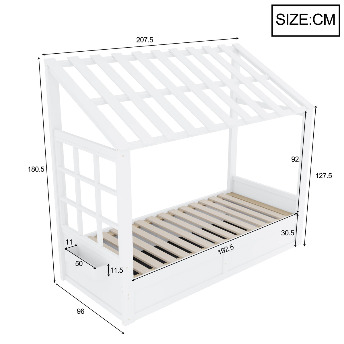 Country Style Children's Bed 90x200cm with Roof & Storage, White