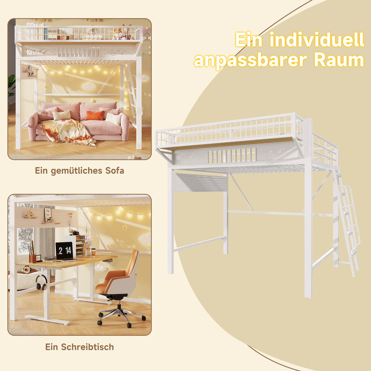 Loft Bed 140x200cm with Storage Compartments, Metal Frame, White