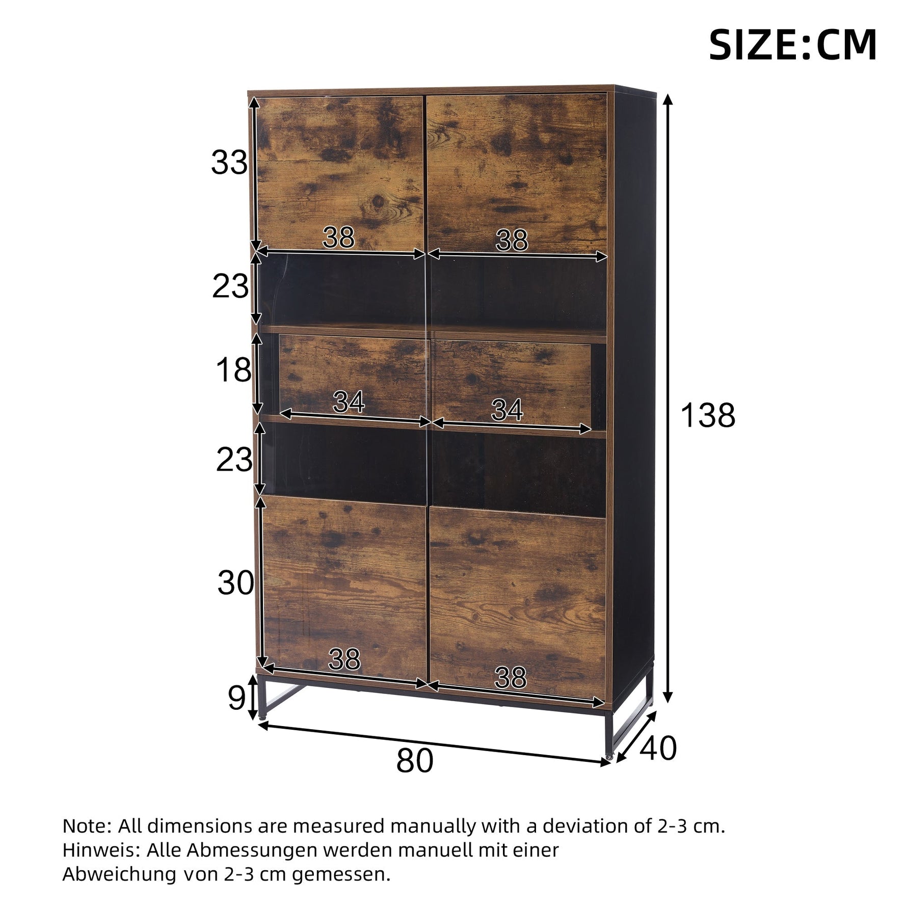 Display Cabinet LED Lighting Storage 2 Drawers Highboard, Black + Wood Grain