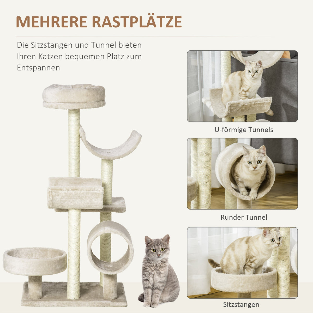 Cat Scratching Post, Climbing Tree with Toys & Tunnel, Beige