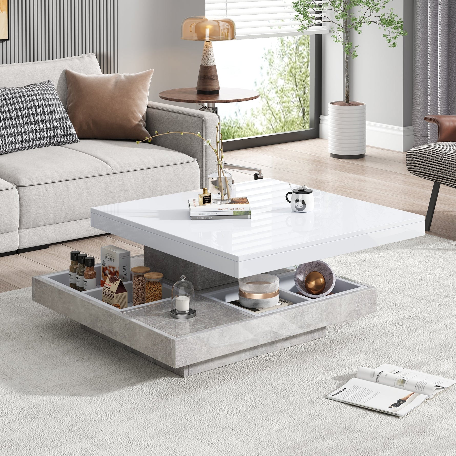 Double Coffee Table, High-Gloss 360° Swivel Top with Storage, White Marble