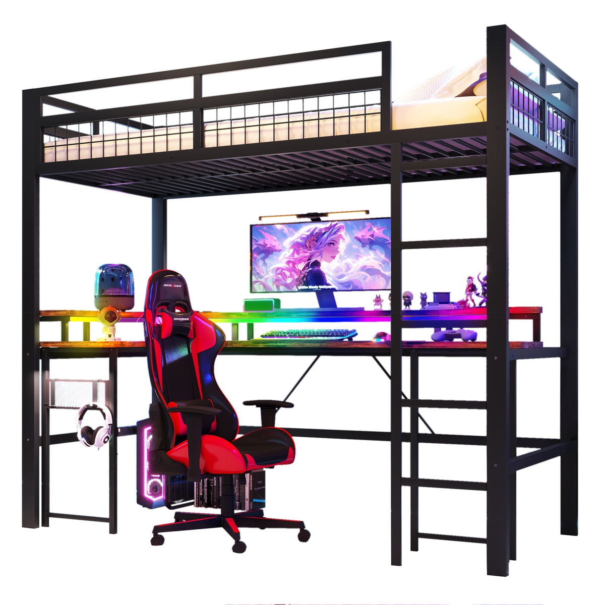 Loft Bed with Desk, LED Lights and Charging Ports, 90x200 cm, Black Iron