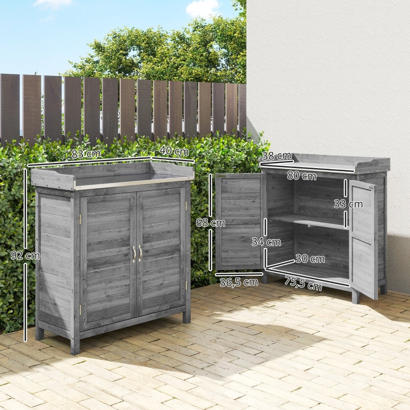 Garden Cabinet Tool Shed Potting Table Galvanized Worktop 2 Shelves - Grey