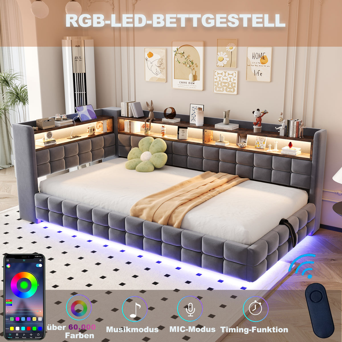 Upholstered Bed Set 180x200cm with Storage & Tables, Beige Velvet