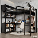 Iron Loft Bed, Double Storage, Desk & Wardrobe, Black 140x200cm