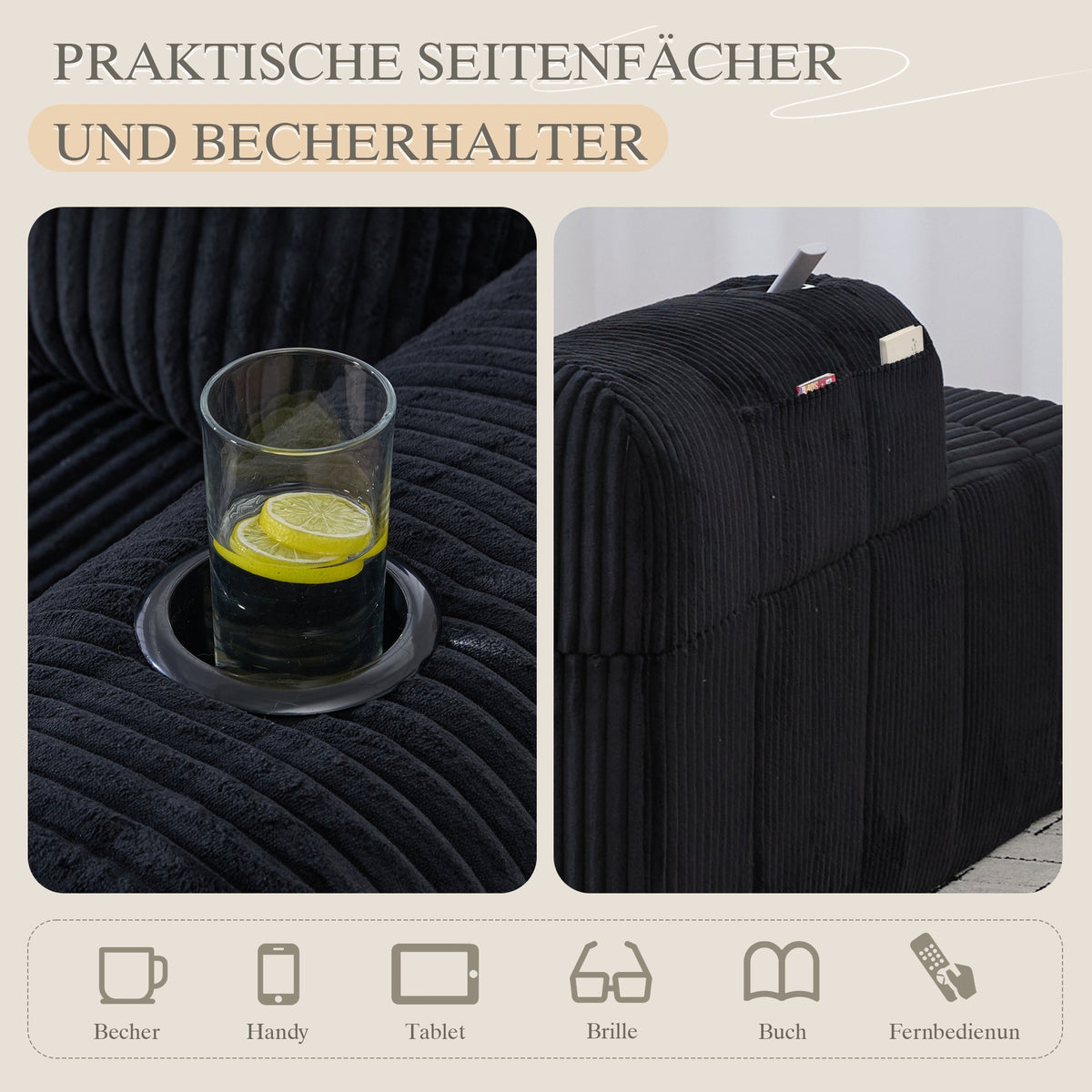 Cozy Recliner Sofa, No Assembly, Side Pocket, Drink Holder - Corduroy