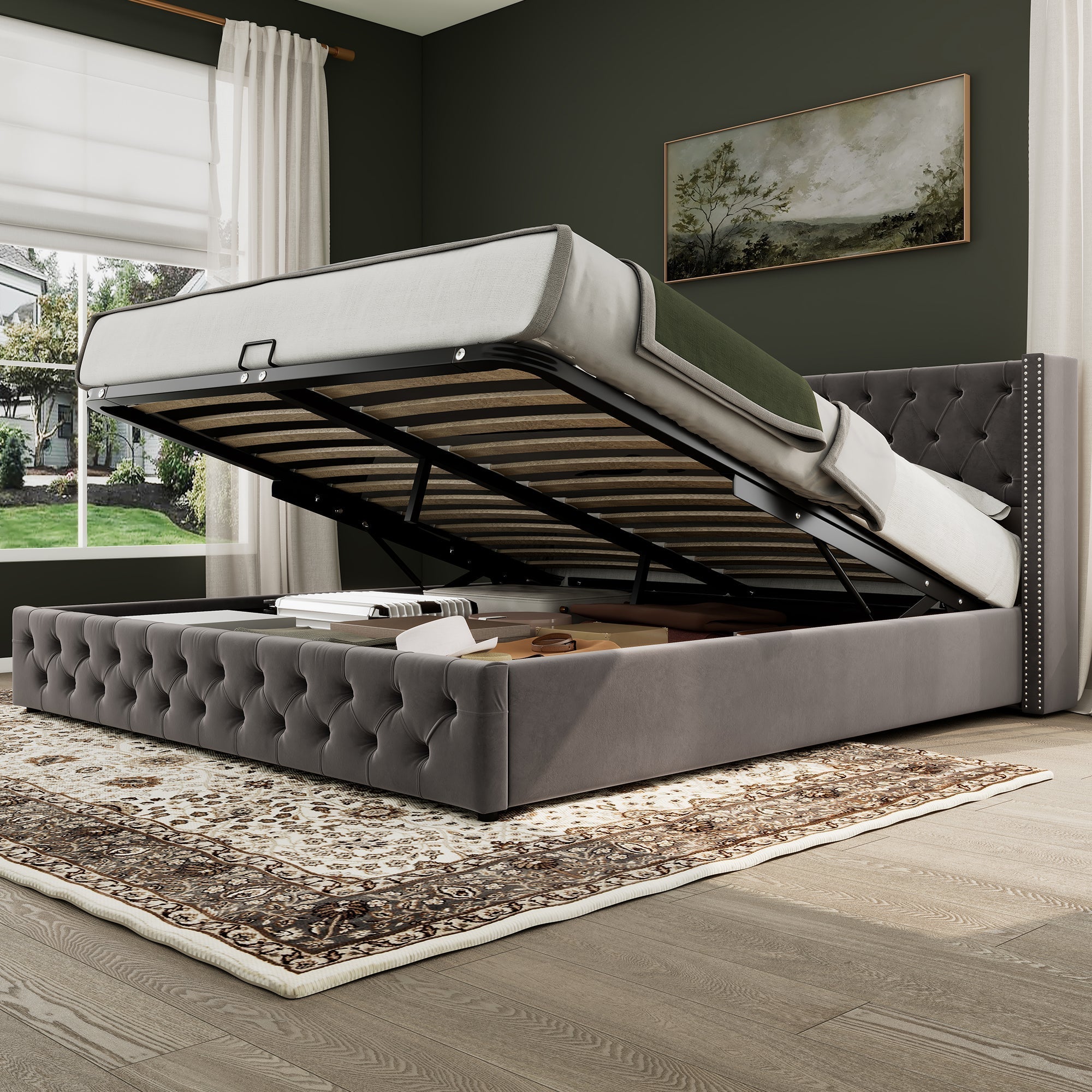 Upholstered Bed 180x200cm Double Hydraulic Lift Storage Ear-Shape Velvet Grey