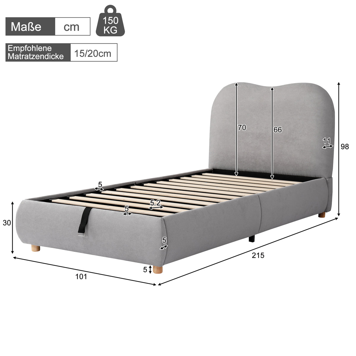 Upholstered Storage Bed 90x200cm with Hydraulic Lift, Grey Linen